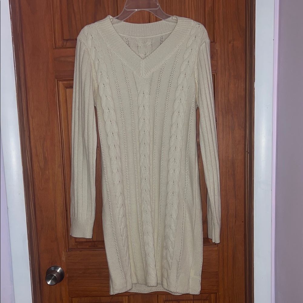 Neutral Cable-Knit V-Neck Sweater Dress - Cream
